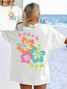 1 Pcs Cute Casual 100% Cotton Drop Shoulder Tee, Vibrant Beach Bum Floral Double Print Round Neck Top For Spring Summer Daily Street Wear - 白色 - 查看 1