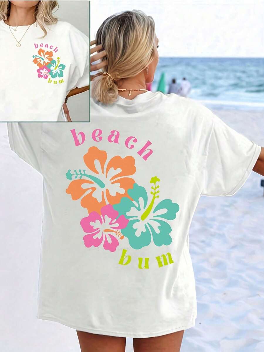 1 Pcs Cute Casual 100% Cotton Drop Shoulder Tee, Vibrant Beach Bum Floral Double Print Round Neck Top For Spring Summer Daily Street Wear - 白色 - 查看 1