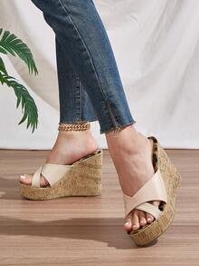 Apricot Soft Premium Matte PU Material Cross Wide Strap, Height-Increasing Wedge Heel Slippers, Holiday Essential, Leopard, Holiday, High Platform - Apricot Cross Stripes - View 11