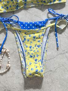 Traje de baño bikini retro de lunares y rayas para mujer, casual y a la moda para vacaciones, festivales de música, carreras de copas, Kentucky Derby, playa de verano. - Pequeñas flores amarillas - Ver 5