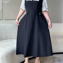 xuehuamaoyi02 Vibekara Vestido midi de línea A elegante y vintage casual con cuello vuelto, manga corta, botones de contraste de color y lunares para mujer de talla grande - Multicolor - Ver 9