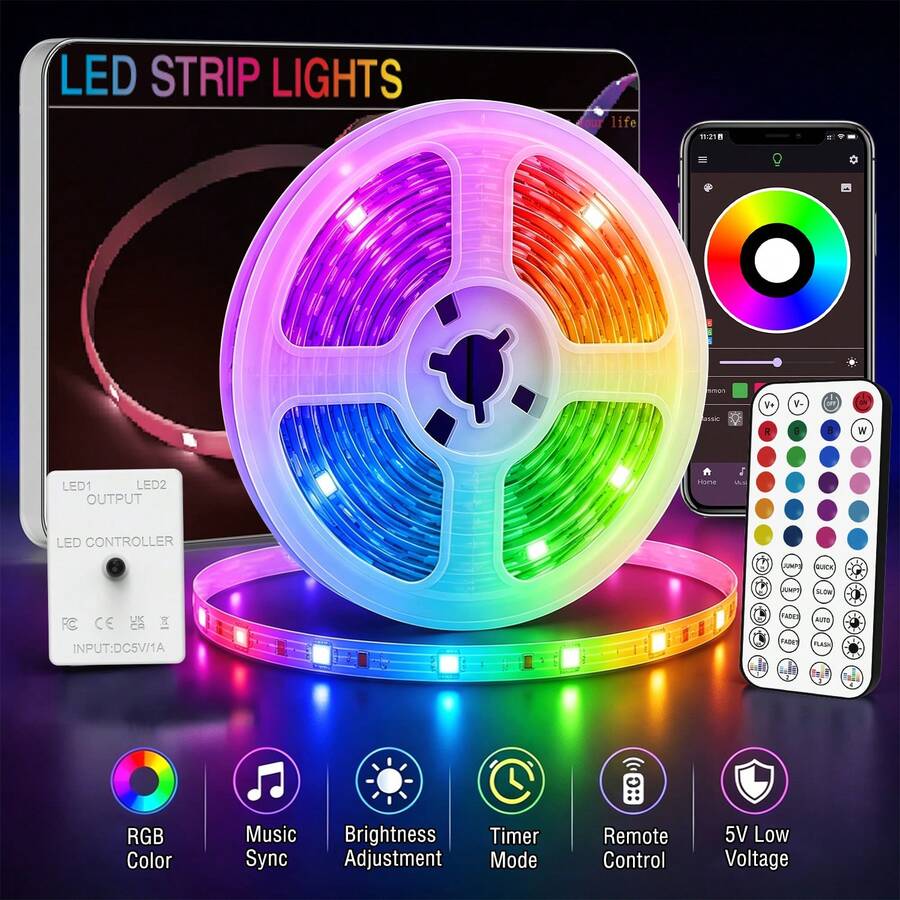 3.28ft-98.4ft 臥室 LED 燈條，RGB 變色 LED 燈，附 APP 遙控、音樂同步、定時與可調光房間裝飾燈