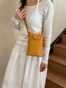 Bolso de cubo de cuero suave estilo Ins para mujer, bolso bandolera con cordón para teléfono - Multicolor - Ver 7