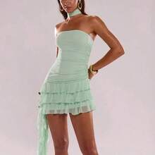 LunaCass8   Vestido mini de verano con volantes y bajo asimétrico, unicolor y sexy para mujer - Negro01 - Ver 7