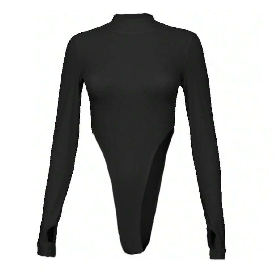 Bodysuits de primavera para mujer, camisetas sexys ajustadas de manga larga Y2k, cuello medio alto, ropa femenina para discoteca, mono de moda Qx36 - Negro - Ver 1