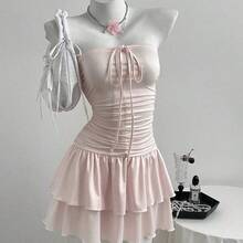 Nana's Women's Clothing Store  Vestido mini de mujer de rayas blancas y rosas con pliegues, casual de verano para vacaciones - Multicolor - Ver 8