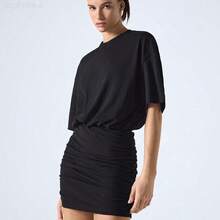 Fengyu Women's Clothing Store  Vestido corto y ajustado de manga corta con cuello redondo y unicolor, nueva llegada 2025 para mujer - Verde lima - Ver 6