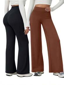 2 Pack High Waist Wide Leg Yoga Pants No Front Seam Women's Workout Gym Leggings - 黑色棕色 - 查看 10
