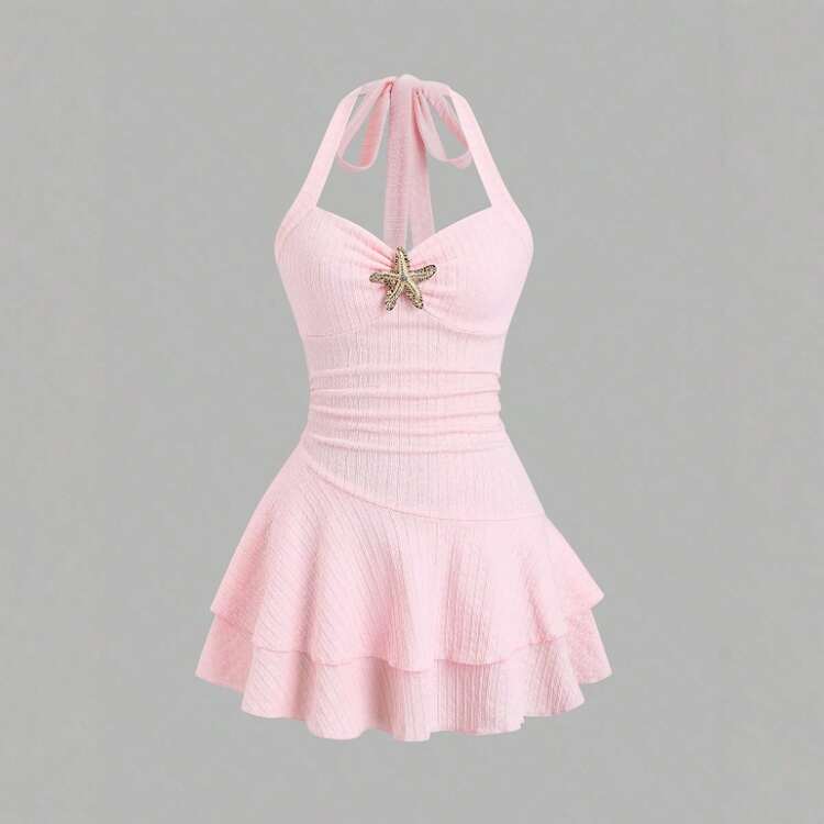 Mono de textura de unicolor con lazo de atar en el cuello para vacaciones, para fiesta en la playa - Rojo - Añade 2