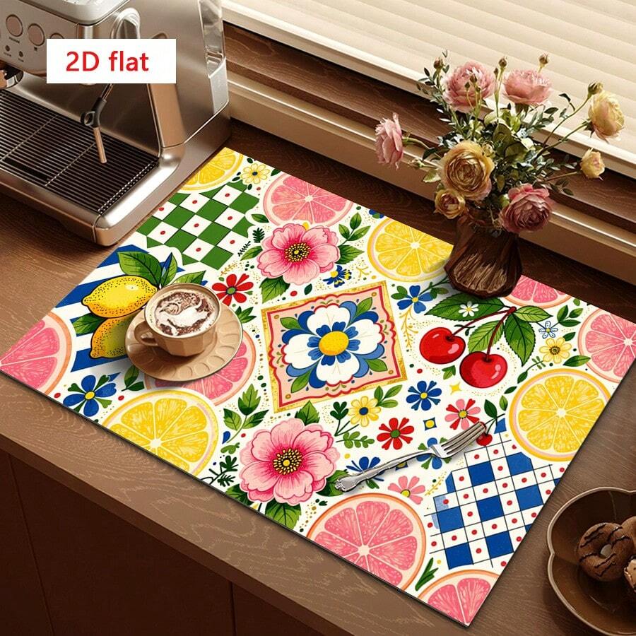 1pc Dish Drying Mat, Coffee Machine Mat, Lemon Grapefruit Cherry Floral Geometric Plaid Patchwork Polyester Fiber Absorbent Mat, Durable, Strong Water Absorption, Suitable For Dining Table, Cafe, Multi-Purpose Drainage Mat, Home Gift, Tabletop Decor
