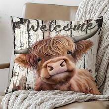 1/2/4Pcs Highland Cow Welcome Throw Pillow Cover, Rustic Farmhouse Style Peach Skin Velvet Pillowcase, Decorative For Sofa & Chair, All-Season Indoor/Outdoor Home Decor, Pillow Insert Not Included - Multicolor - View 2