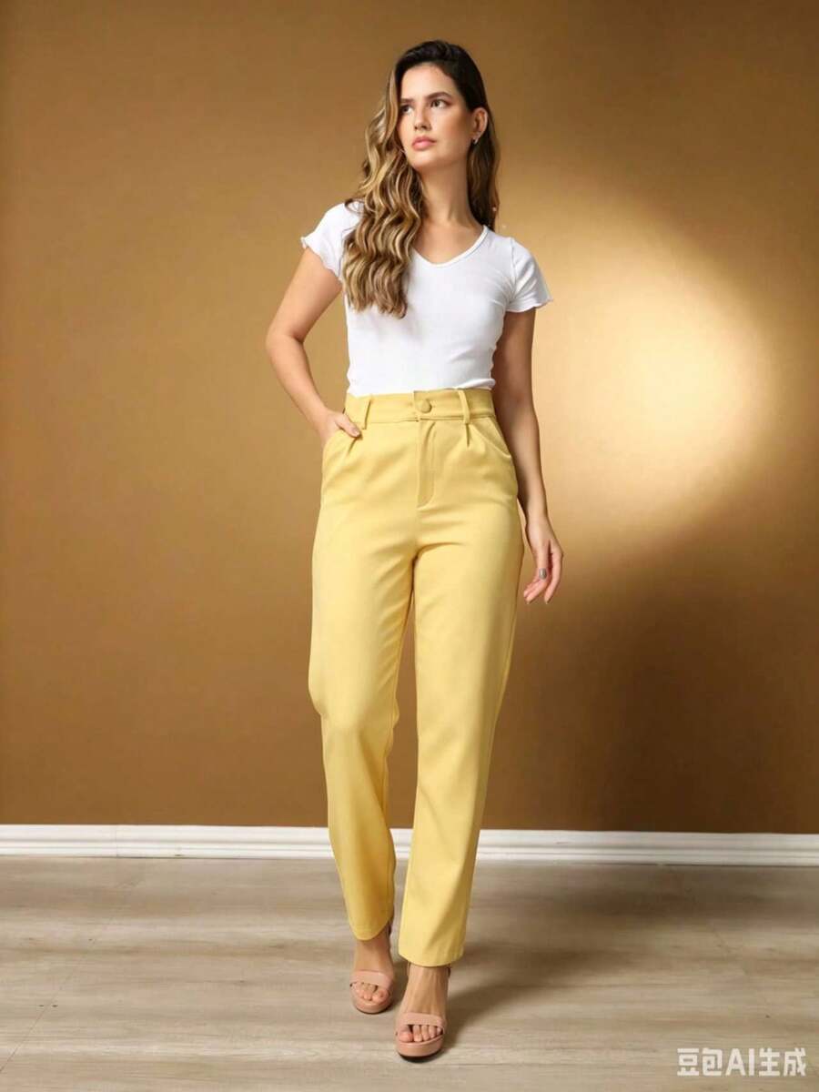Women's Trousers/Tailored Trousers/Basic Trousers/Elegant Trousers/Skinny Trousers/Blogger Trousers/ Trousers - 黃色 - 查看 1