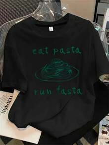 Camiseta de manga corta con cuello redondo para mujer, con un plato de espaguetis estampado y la frase "comiendo espaguetis". Ideal para todas las estaciones. - Negro - Ver 1