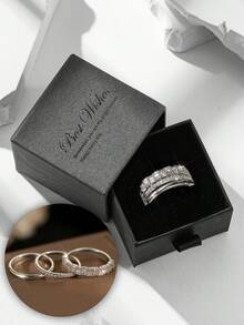 Gift Box Style 3 Pieces Silver Stackable Ring Set, Smooth Band + Round Zirconia Eternity Ring + Princess Square Diamond Wide Band, Suitable For Women's Wedding, Party Wear And Holiday Gifts - Silver - View 15