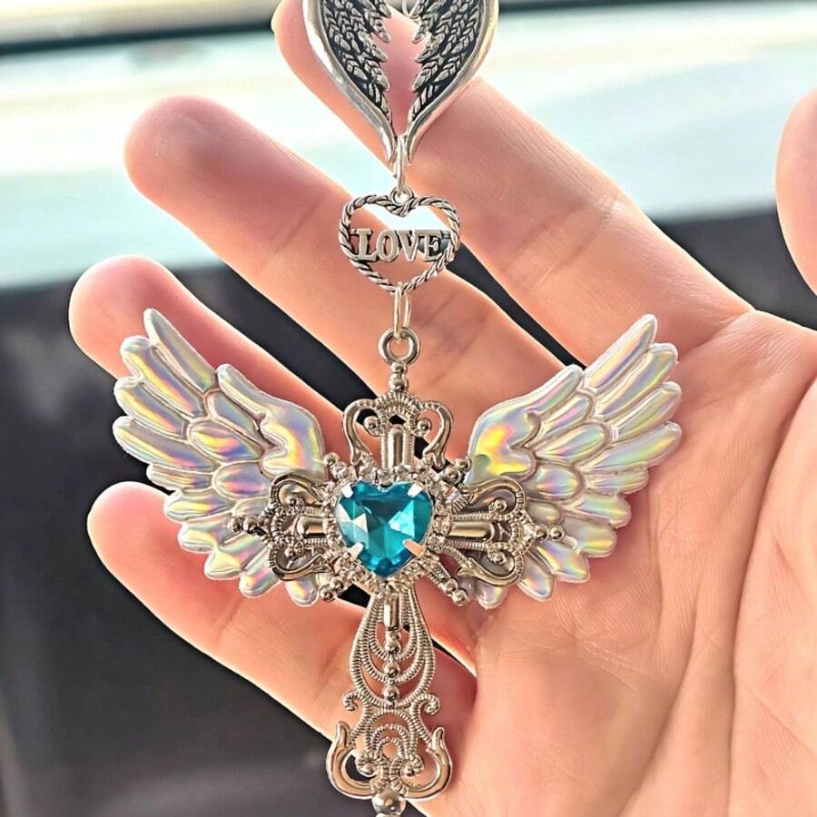 守護天使之翼十字架汽車後視鏡掛飾，配藍色水晶心與愛心裝飾吊墜，適用於汽車、居家、包包，為每次旅程帶來祝福與守護，送給親友的完美禮物 - 彩色 - 查看 1