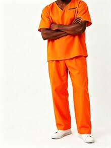 1 Set Kostum Cosplay Dewasa Peran Narapidana Seragam Penjara <Termasuk Atasan + Celana> - Burnt Orange - View 4