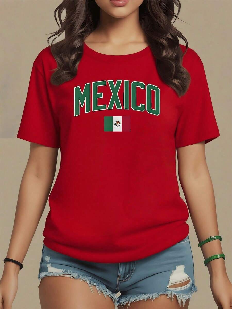 Women's 100% Cotton 180g T-Shirt, National Pride And Mexican Spirit Represented By The Tricolor Flag And The Name Mexico In Large Letters. Comfortable And Modern 100% Cotton T-Shirt For Everyday Wear - 紅色 - 查看 1