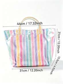 1pc PVC Waterproof Striped Tote Bag For Women, Large Capacity Hand-Carried Vacation Tote, Suitable For Beach - Multicolor - View 3
