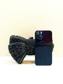 Elegant Luxurious Silver/Red/Black/Gold Bow-Shaped Crystal Evening Clutch, Fully Handmade Rhinestone Bow Design Handbag, Diamond Handbag - Black - View 5