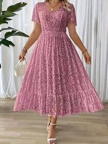 Plus Size Women's Long Dress, Elegant And Simple With Lace Details, Ideal For Holidays Or Parties, Belt Not Included - 灰藍色 - 查看 9