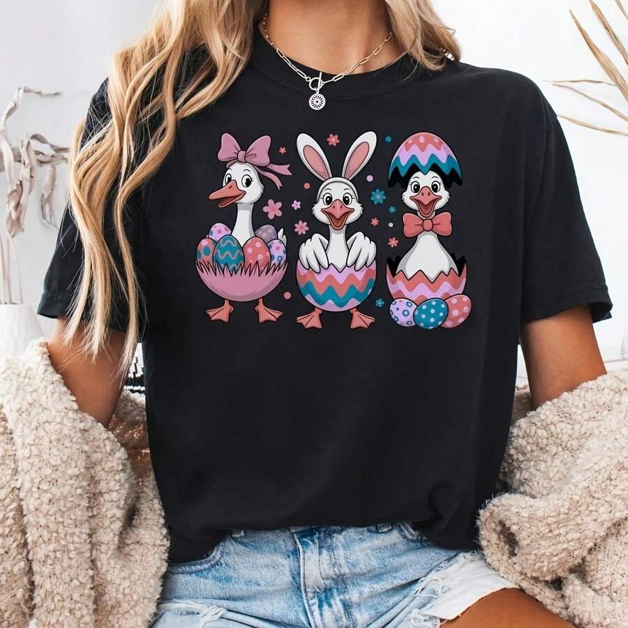 Easter Goose Shirt, Cute Easter Animal Graphic Tee, Spring Goose Shirt, Funny Easter Shirt For Wo, Pastel Easter T-Shirt - Negro - Ver 1