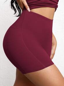 Women's Summer Solid Color Butt-Lifting Pocket Shorts, High Waist Tummy Control, Suitable For Fitness, Yoga, Running, Gym, Tennis Sports - Red - View 5