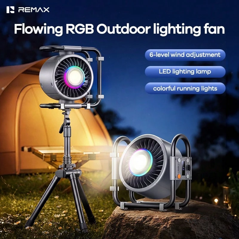 REMAX 戶外專用露營風扇 大容量鋰電池 usb充電電風扇 超長續航露營風扇燈 RS-ZF21 高功率LED照明/七彩跑馬氣氛燈/可左右搖頭 - 檯面風扇 - 查看 1
