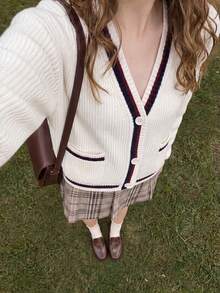 1pc Women's College Style White Knitted Cardigan, V-Neck Striped Trim, Long Sleeve Button Front Pocket Sweater, Autumn/Winter Essential Fall - White - View 1
