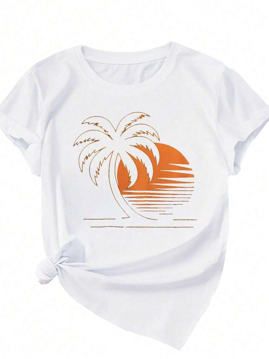 Women's Fashion Print T-Shirt, Round Neck, Palm Tree, Sunset And Ocean Wave Pattern, Washable, Breathable And Comfortable, One Size Fits S-3XL, Perfect Gift For Birthdays And Oth - 白色 - 查看 1