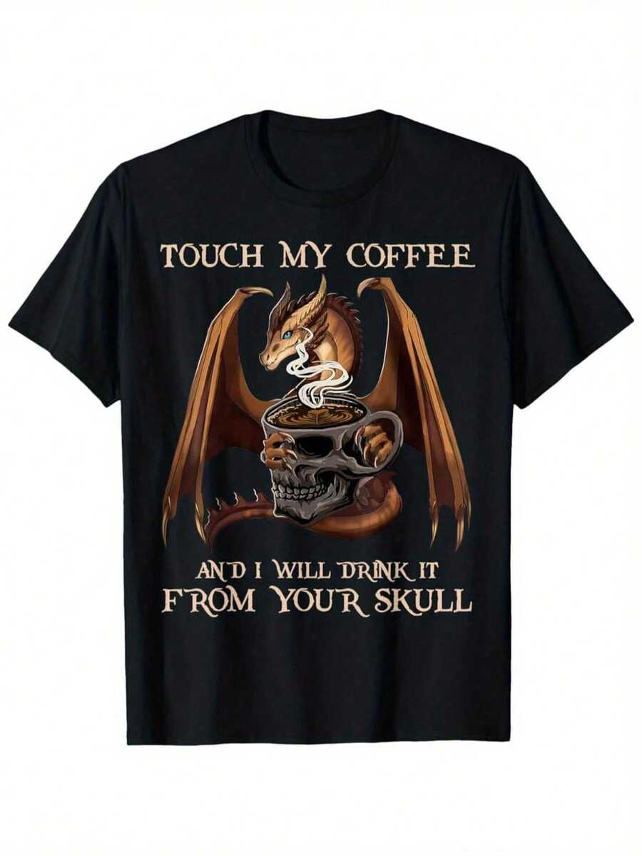 Men's Vintage Dragon Coffee T-Shirt - 100% Pre-Shrunk Cotton, Fun "Touch My Coffee, Don't Touch My Skull" Slogan And Welsh Dragon Design, Double Stitched Seams, Casual Short Slee - 後退 - 查看 1