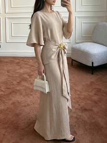 Women's Light Khaki Extra Long Ruffle Sleeve Dress With Starfish Metal Buckle Decoration, Slouchy Elegant Beach Casual Vacation Outfit Summer - Khaki - View 1
