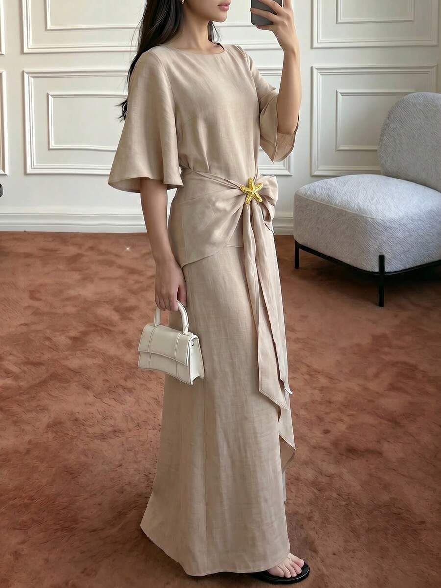 Women's Light Khaki Extra Long Ruffle Sleeve Dress With Starfish Metal Buckle Decoration, Slouchy Elegant Beach Casual Vacation Outfit Summer - Khaki - View 1