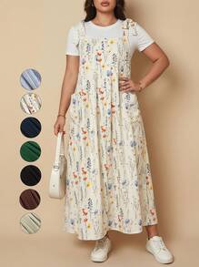 Voworia Plus Size Floral Print Women Double Pocket Strap Midi Dress Summer Vacation Elegant Casual - Apricot - View 1