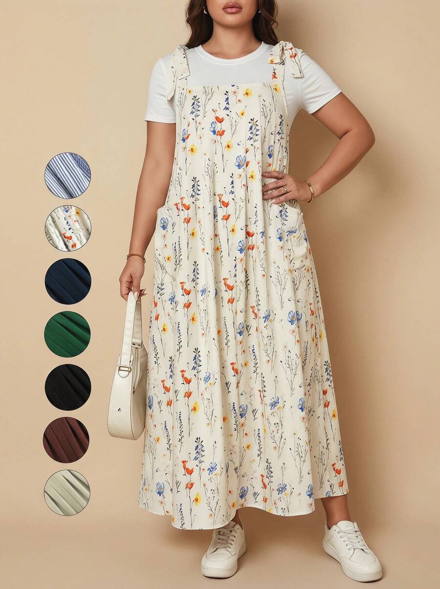 Voworia Plus Size Floral Print Women Double Pocket Strap Midi Dress Summer Vacation Elegant Casual - Apricot - View 1