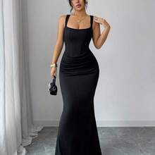 Nuevo vestido de verano sexy, vestido negro, vestido de sirena con cuello cuadrado francés, adorno de falso hueso, diseño de drapeado en la cintura, vestido de cola de pez, vestido para invitada de boda, adecuado para vacaciones, citas, fiestas, San Valentín, bodas DG - Gris - Ver 6