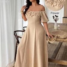 yonghongmaoyi1  Vestido de línea A con hombros descubiertos y ribete de contraste en la cintura, adecuado para uso diario y vacaciones, talla grande, primavera/verano - Marrón - Ver 9