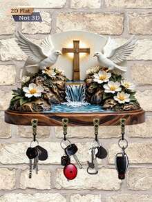 1pc Cross, Dove, And Lily Shaped Key Hook, Wall-Mounted Storage Rack, Wooden Multi-Functional Home Key Holder, 2D Flat Design, With 4 Metal Hooks, Wall Decor, Entryway Decor, Room Decor, Villa Decor, All-Season Home Decor - B - View 3