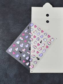 1pc Embossed Thin & Tough Watercolor Cat Heart Nail Stickers, Cartoon Theme, Shiny Glossy Effect, Asymmetrical Shape, Suitable For Women's Manicure, Foot Care, Holiday Decoration - Multicolor - View 6