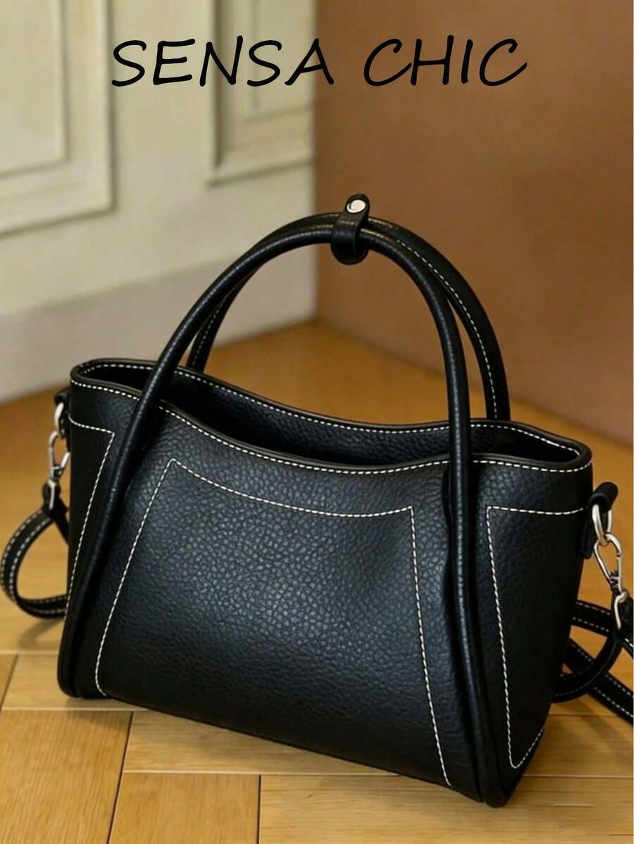 Nuevo bolso de mano de moda clásico de payaso de unicolor de PU impermeable, diseño con cierre de cremallera, asas dobles, bolso de cubo acolchado, adecuado para compras, ir al trabajo, salidas y citas - Negro - Ver 1