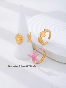 3pcs/Set Women's Ocean Theme Stackable Rings, Gold-Plated Starfish & Shell Ring Set, Summer Beach Bohemian Style Blue Starfish & Shell Exaggerated Jewelry - Multicolor - View 3