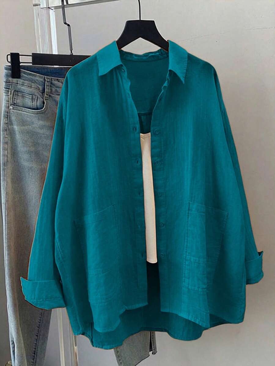 Women's Plus Size Solid Color Long Sleeve Casual Loose Blouse For Spring And Summer - Peacock Green - View 1
