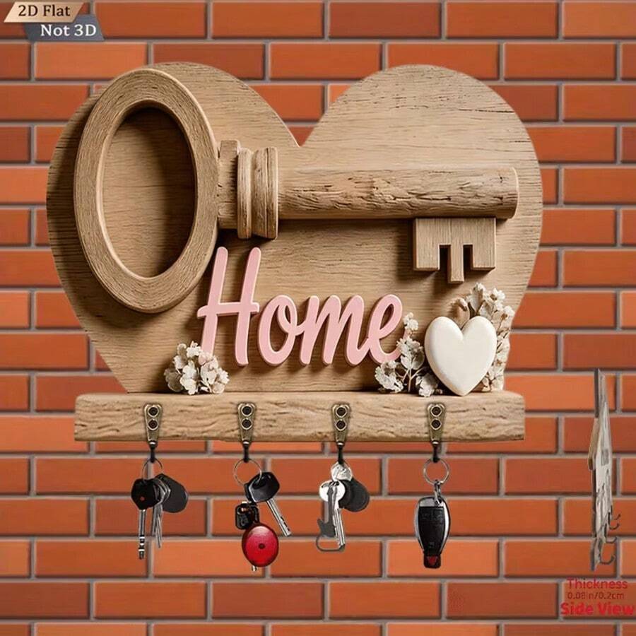 2DFlat2D 1 buah Gantungan Kunci Rumah Multifungsi Kayu dengan Kait Logam, Dekorasi Dinding, Dekorasi Teras, Dekorasi Kamar, Dekorasi Dapur, Dekorasi Vila, Musiman, Gantungan Kunci ini Terbuat dari Bahan Kayu, Dirancang dengan Papan Belakang Berbentuk Hati dan Dekorasi Berbentuk Kunci, dengan Kait di Bawah untuk Memudahkan Penggantungan Kunci, Menggabungkan Kepraktisan dan Estetika - MultiWarna - View 1