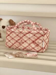 Quilted Diamond Bowknot Storage Basket, Large And Small Sizes, Handheld Desktop Organizer Bin - Red - View 9