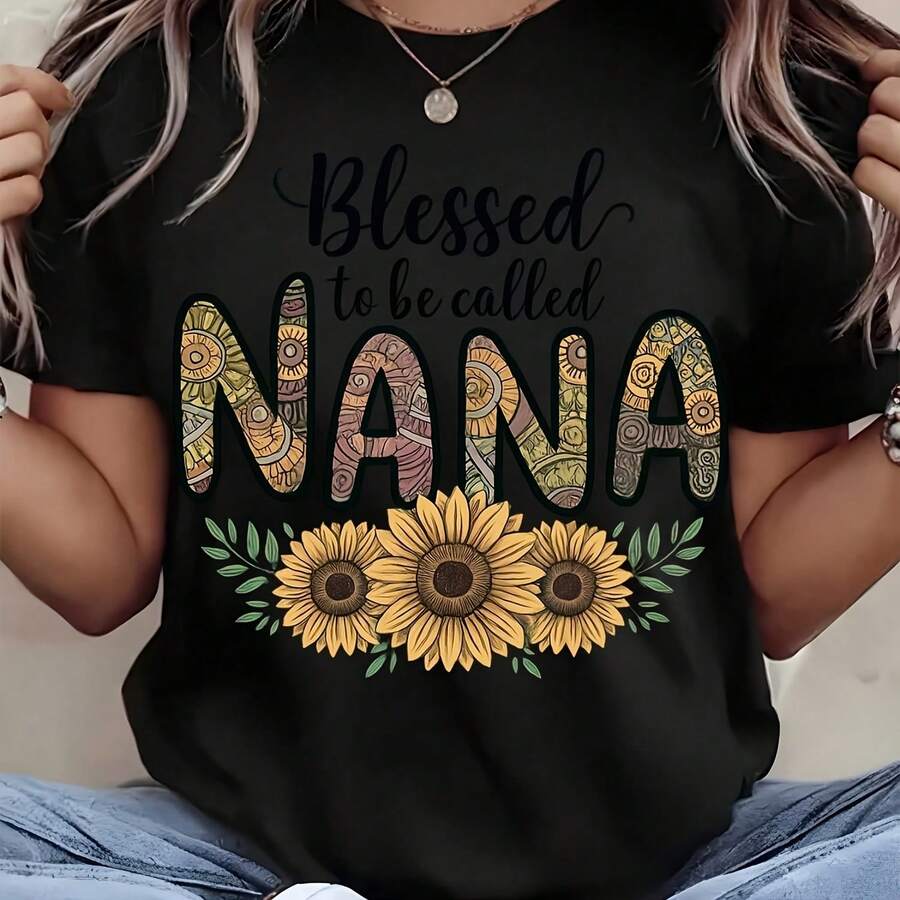 Suower Pattern Printed S To Be Called Nana Text T-Shirt For Mother's Day Grandmother Gifomfortable Cotton T-Shirt Suitable As A Gift - Negro - Ver 1