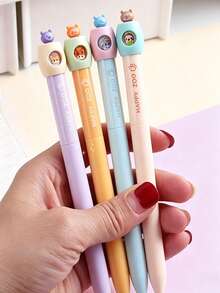 4pcs/Set Cute Animal Twist Neutral Gel Pens, Retractable Press Pens, 0.5mm, Cartoon Quick-Dry Black Ink Pens, Suitable For Students Writing, Journaling, School, Office - Multicolor - View 3