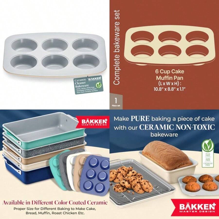 BAKKENMASTER Bake with Elegance: 6-Cup Cake/Muffin Pan Set - Blue Teal Marble Golden Cream - Aluminized Steel with Ceramic Non-Stick Coating PFOA and PFAS Free - Heavy-Duty Bakeware - Crema - Ver 1