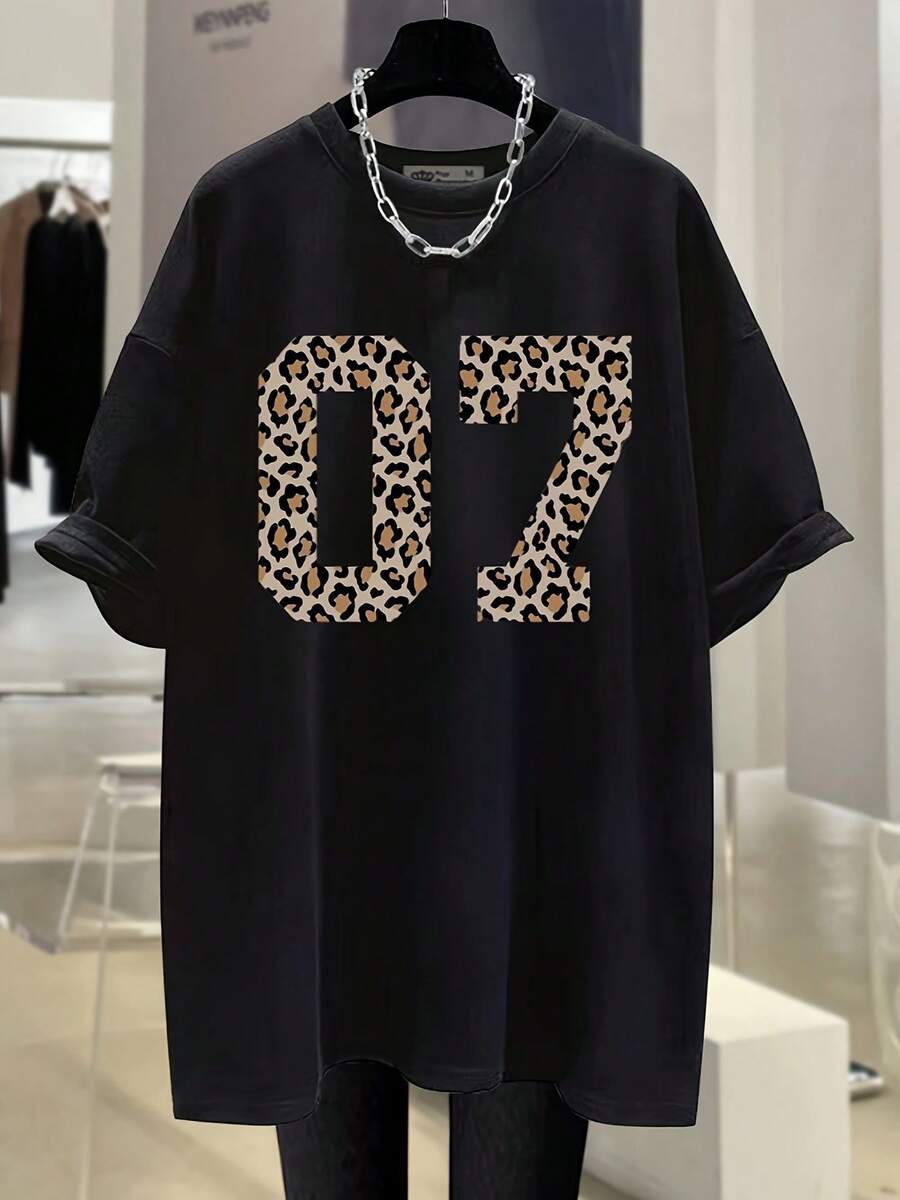 Oversized T-Shirt 07 Leopard Print Casual Elegant Urban Fashion Autumn Black For Women, Sizes S M L, Category Women's Clothing, Popular. - 黑色 - 查看 1