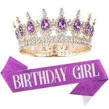 1件/2件生日女孩皇冠與肩帶套裝，玫瑰金/紫色/金色/粉色/玫瑰紅水鑽頭飾 + 亮片肩帶，女性與女孩生日派對配件 - 多色 - 查看 5