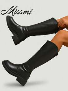 Women's V-Cut Thigh High Boots, Spring Autumn 2024 New Arrival, Hidden Wedge Knee-High Riding Boots,Fashion Match Cardigan,Black Boots - Black - View 7