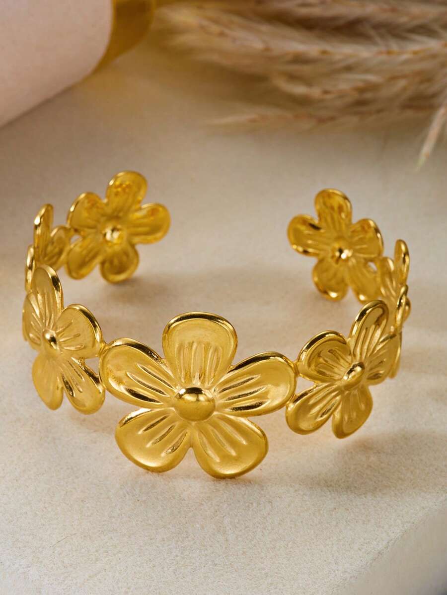 1pc Stainless Steel 3D Flower Open Bangle Bracelet, Suitable For Women's Daily Wear - Gold - View 1